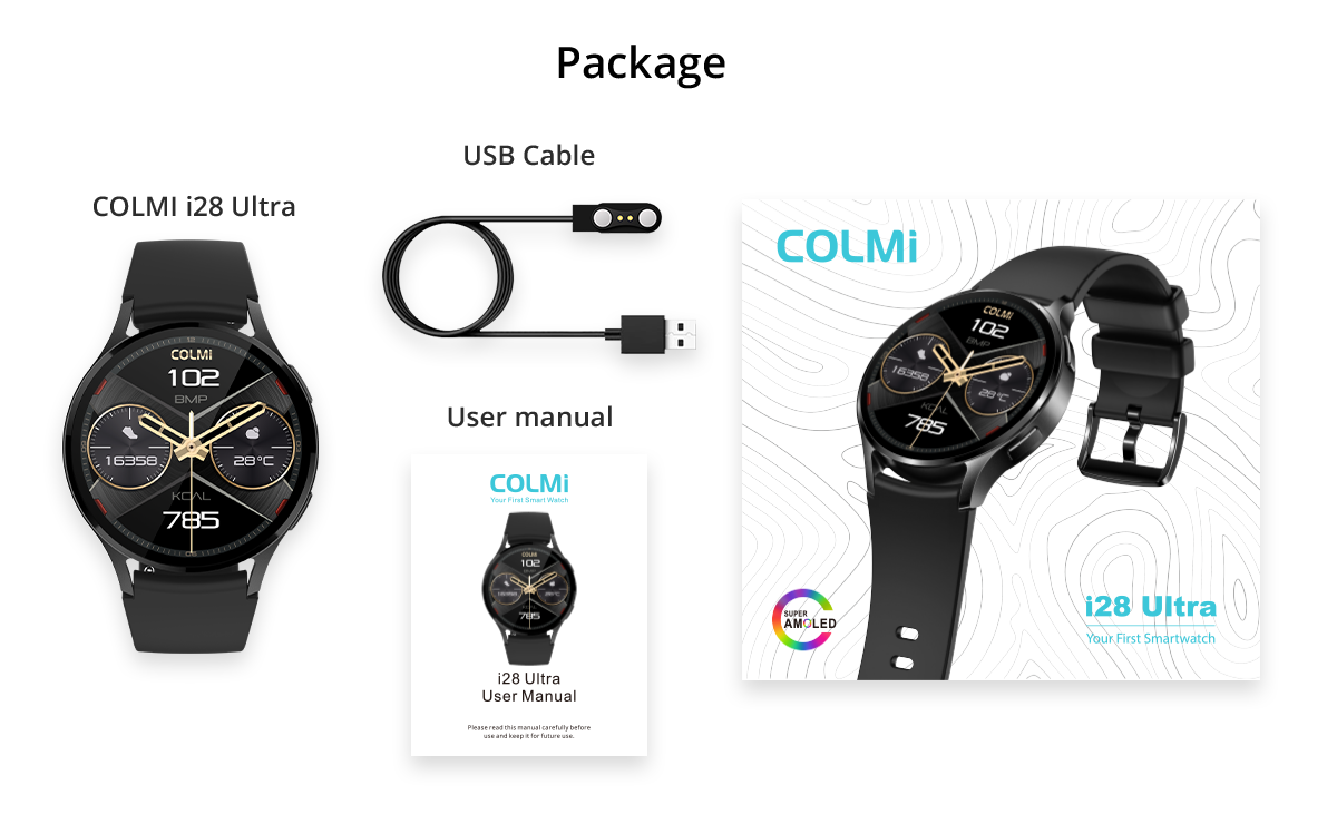 Colmi i28 Ultra smartwatch in-the-box contents including watch, charging cable, and accessories, with advanced health tracking, 10-day battery life, and IP68 waterproof rating.